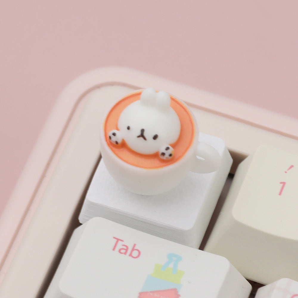 Handmade Resin Artisan Keycap, Cute Latte Bunny in Coffee Cup 3D Custom Keycap for Cherry MX Mechanical Keyboard, Kawaii Desk Decor Gift
