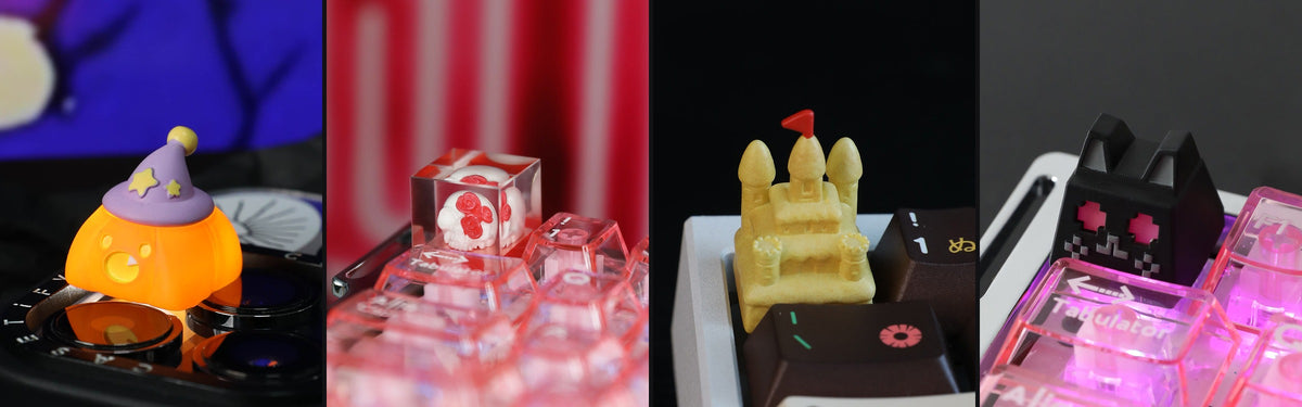 ArtKeyCaps original resin keycaps: pumpkin, skull and roses, sand castle and pixel cat designs