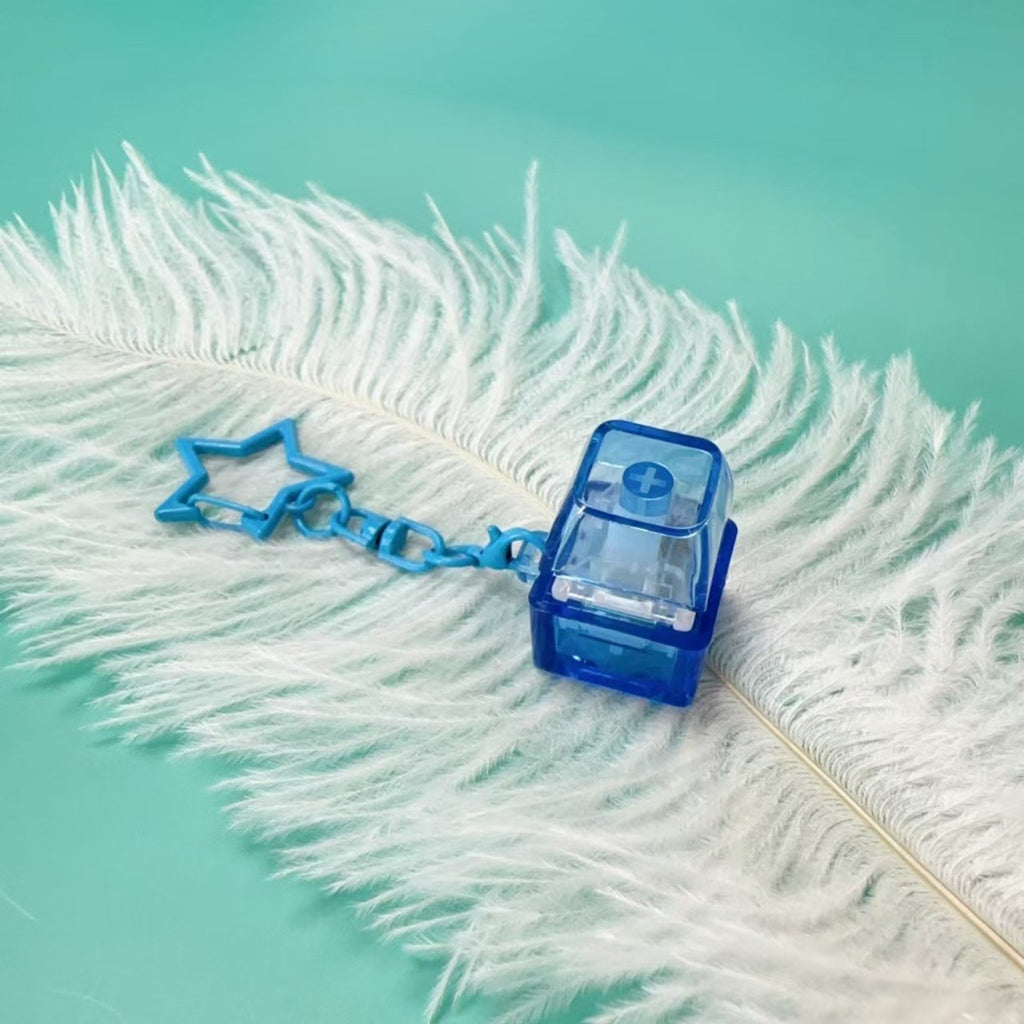 Blue translucent PC keycap clicker keychain with star chain
