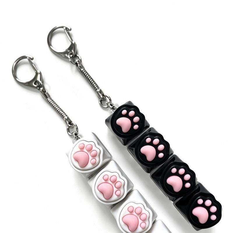 Cat paw 4-key keycap clicker keychains in black, white and pink long-strip layouts