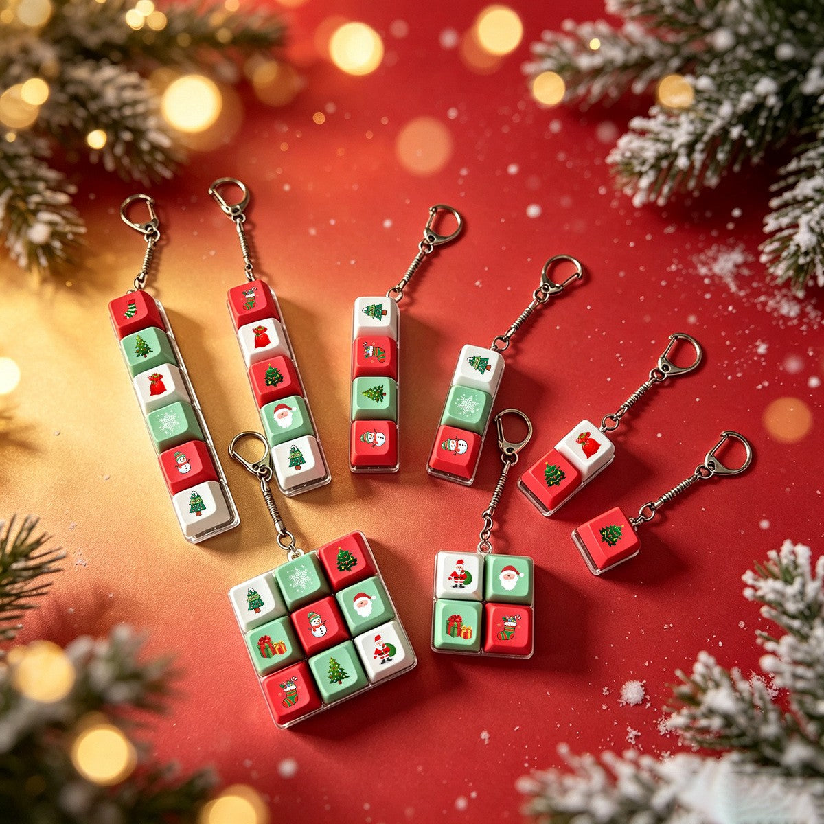 Christmas keycap clicker keychains in red, green and white
