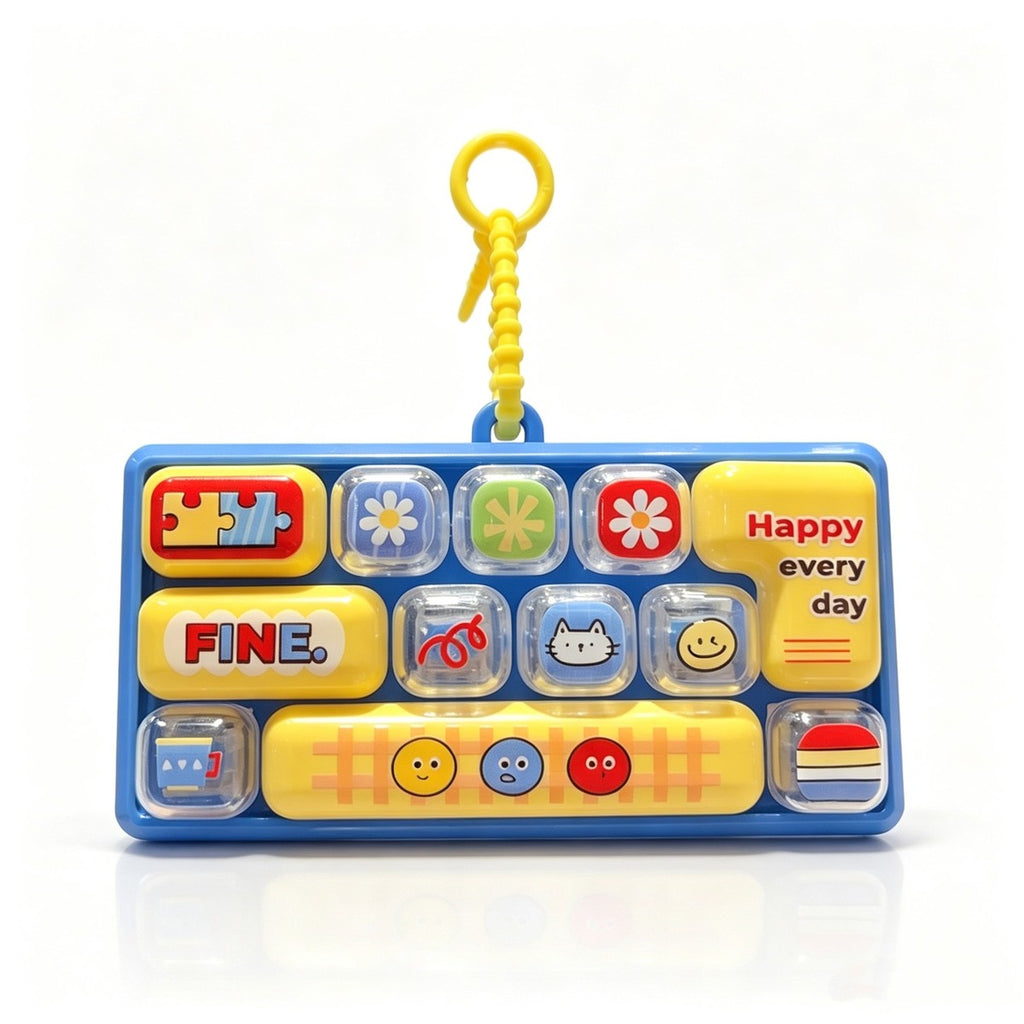 Glowing 12-Key Retro Keyboard keycap clicker keychain, Yellow Cord, Blue Frame