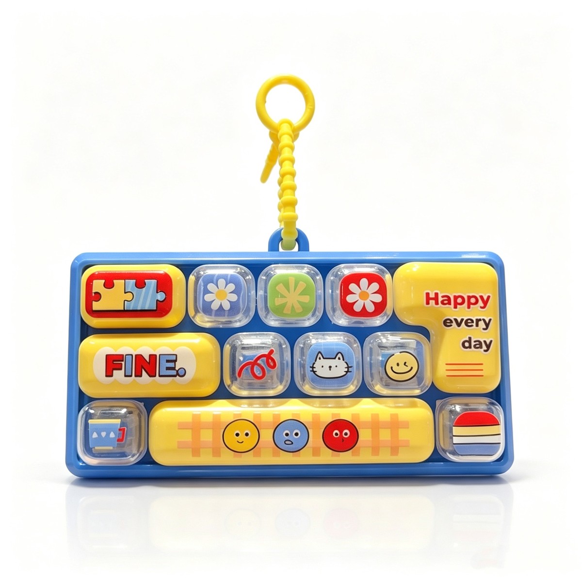 Glowing 12-Key Retro Keyboard keycap clicker keychain, Yellow Cord, Blue Frame