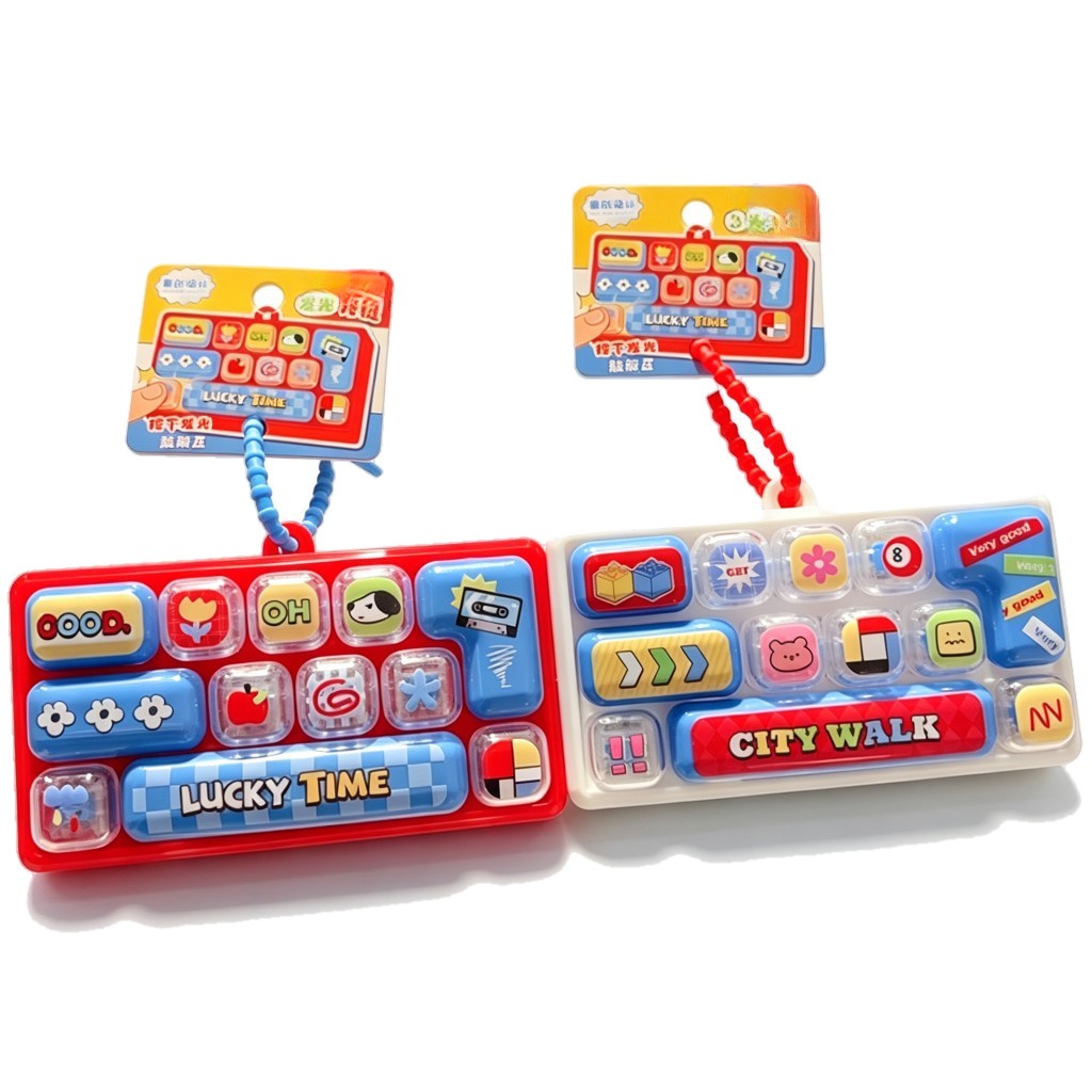 Red and white glowing 12-key retro keyboard clickers with hanging cards