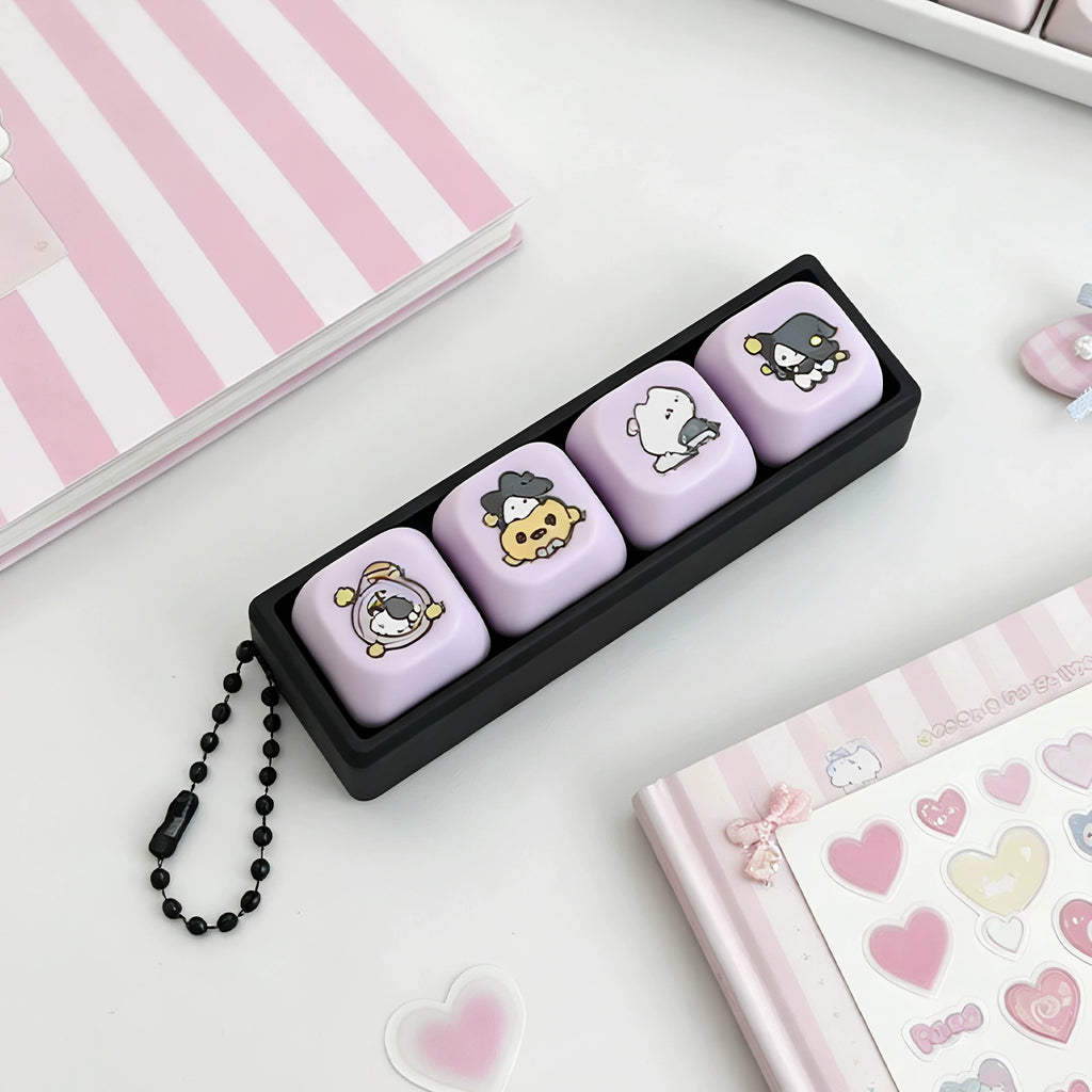 4-key magic cat clicker keychain strip with witch cat, ghost, potion and pumpkin keycaps