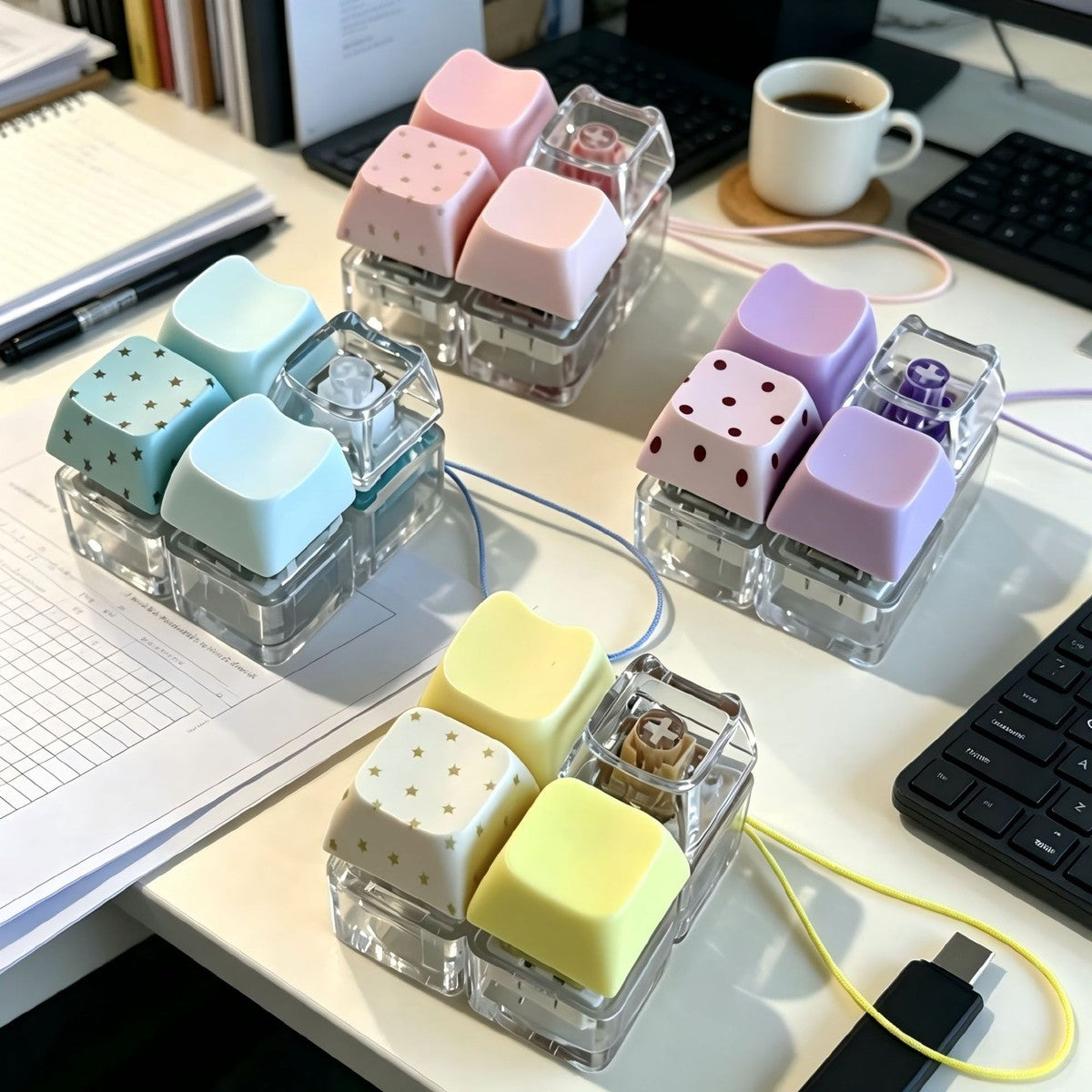 Pastel cat-head 4-key keycap clickers in pink, mint, purple and yellow on a desk
