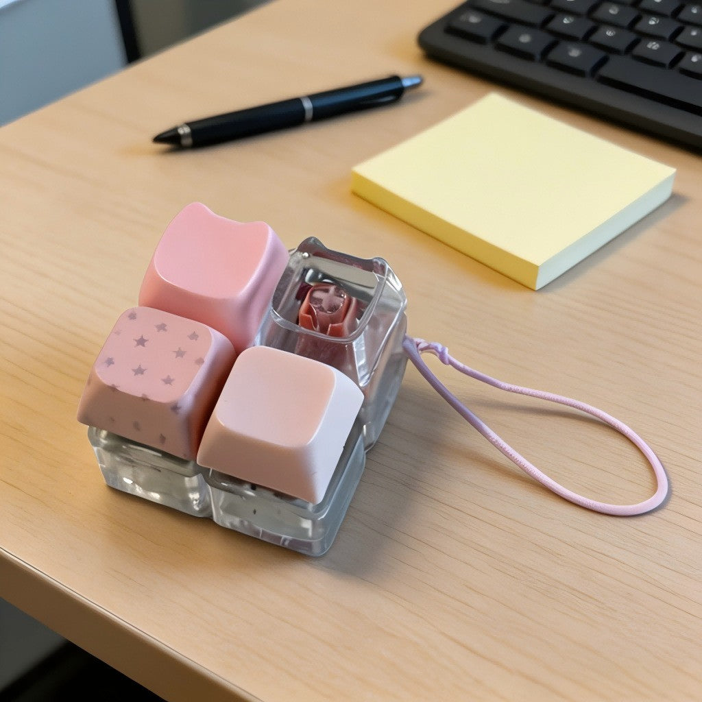 Pastel Cat-Head 4-Key keycap clicker keychain, Pink