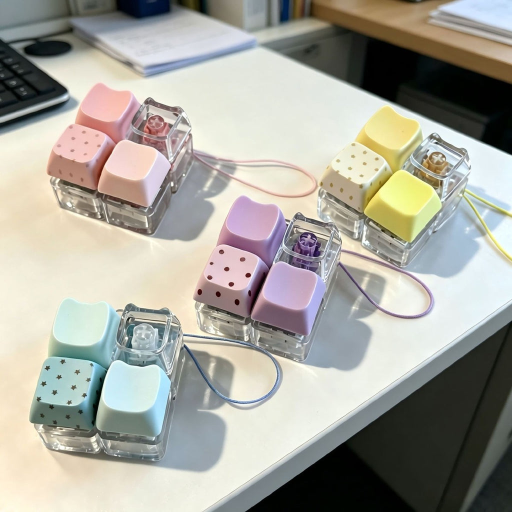 Four pastel cat-head 4-key keycap clickers with lanyards