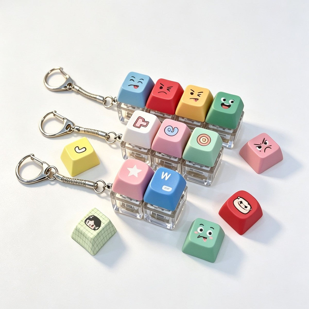 Pastel letter and emoji keycap clicker keychains in several layouts