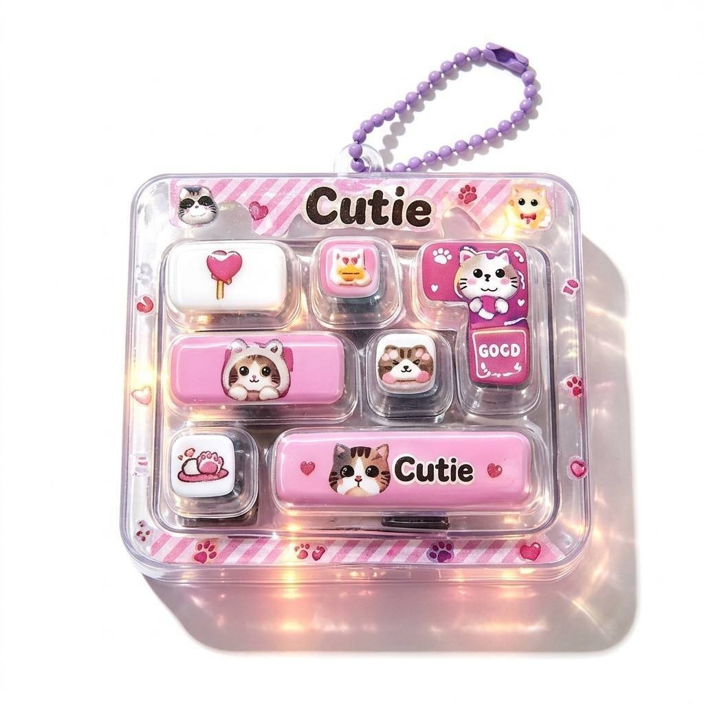 Pets 7-Key keycap clicker keychain, Cute Pets Pink
