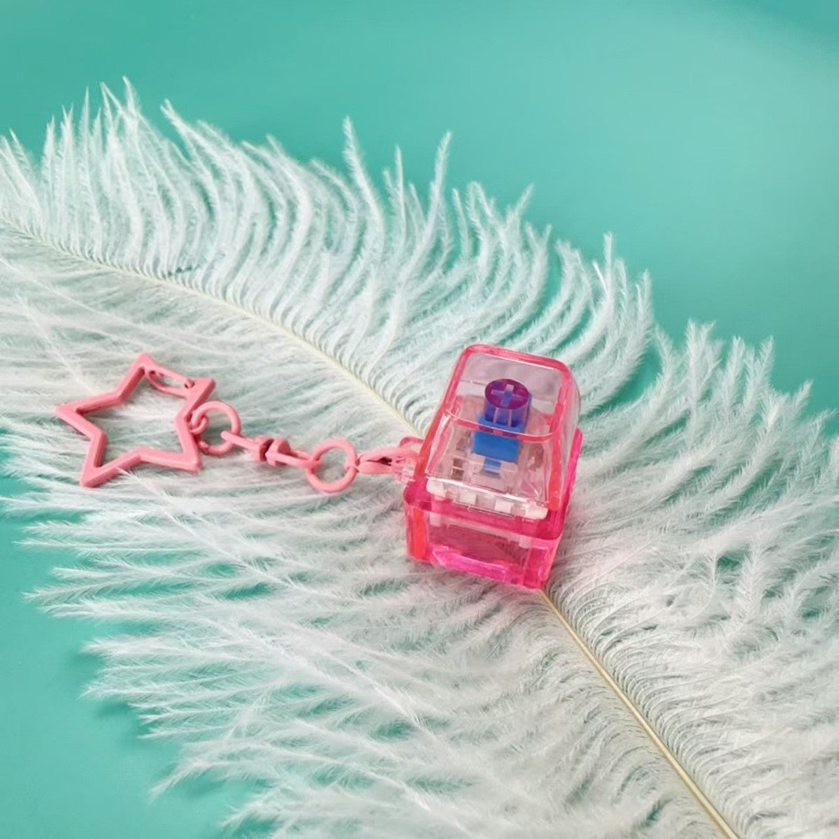 Pink translucent PC keycap clicker keychain with star chain
