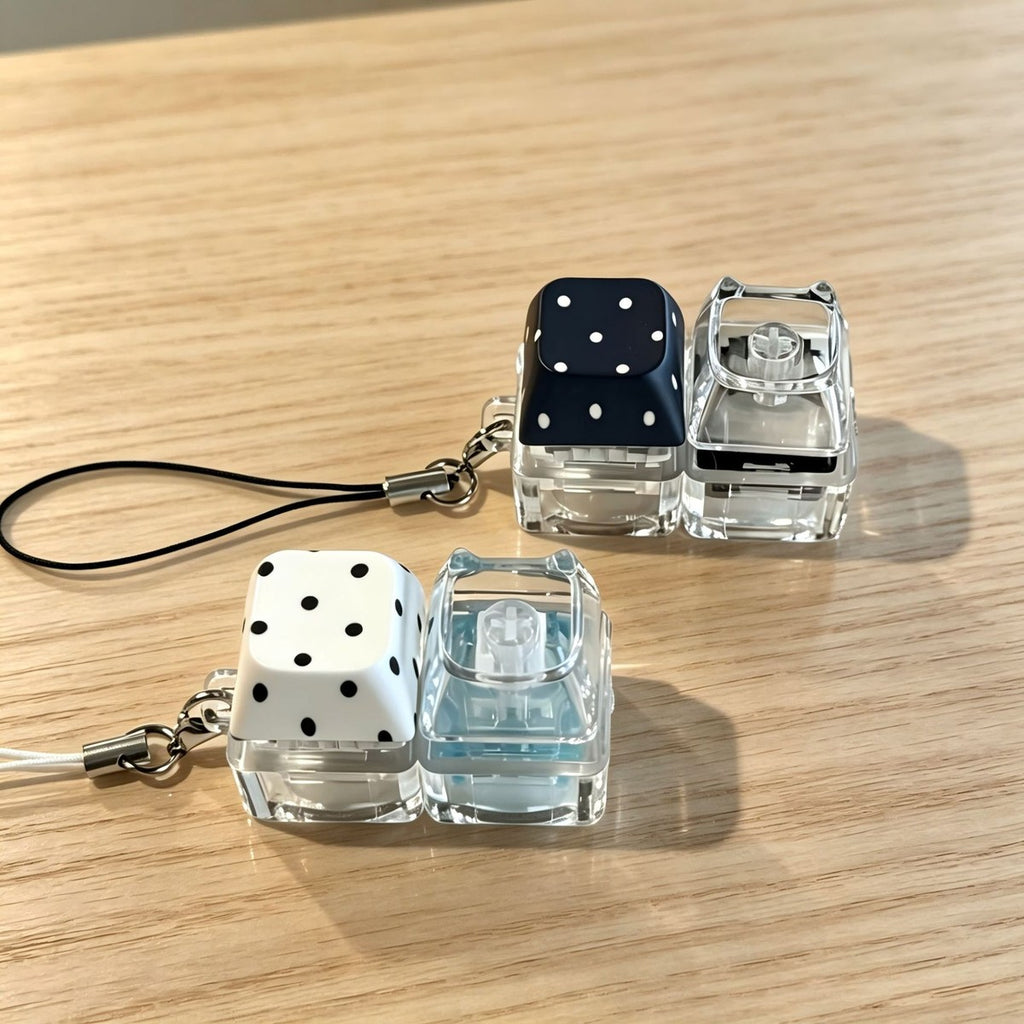 Black and white polka-dot cat-head 2-key keycap clicker keychains